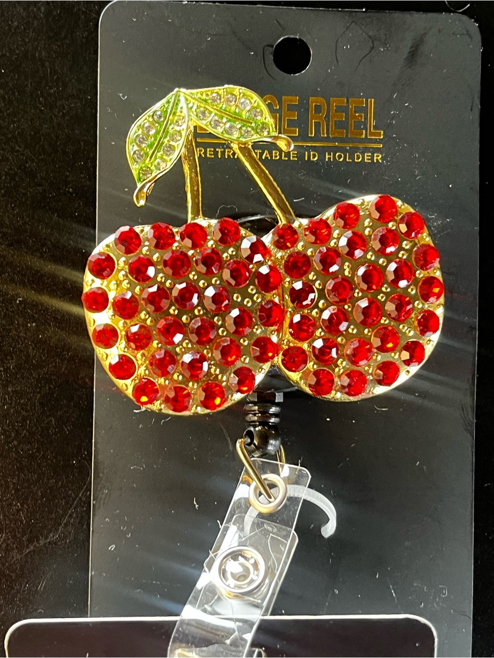 Gold-Tone Red Crystal Cherry Retractable Badge Reel